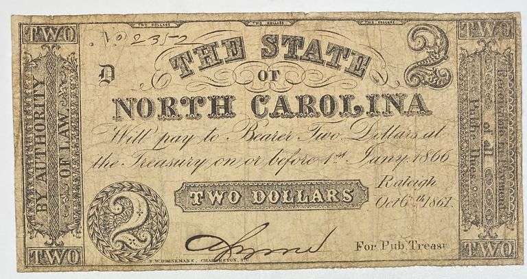 State of North Carolina $2 Note Oct 4 1861 Series