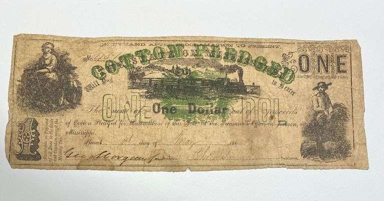 Two Color $1 Cotton Pledged Blue 1862 Mississippi Note