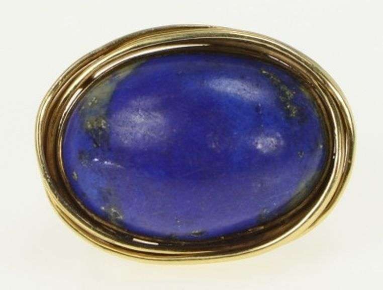 14K Yellow Gold 1960's Ornate Lapis Lazuli Cabochon Statement Ring
