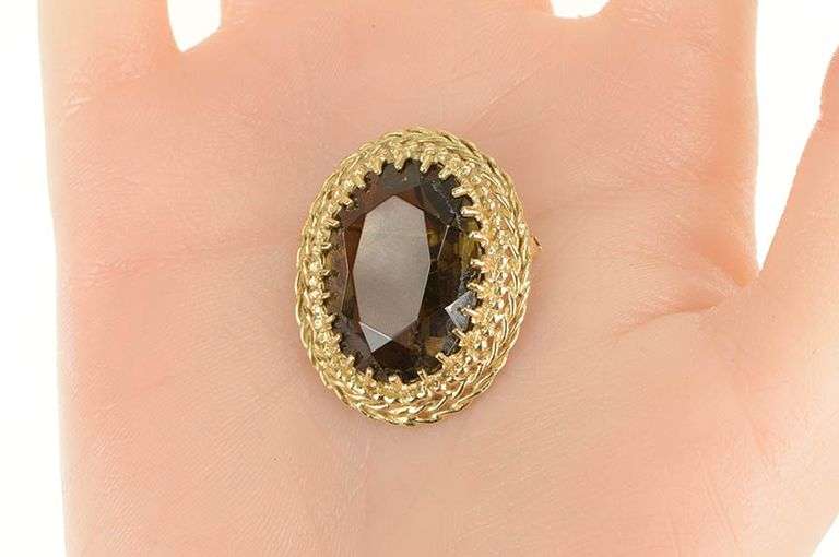 14K Yellow Gold Smoky Quartz Scalloped Filigree Halo Pin/Brooch