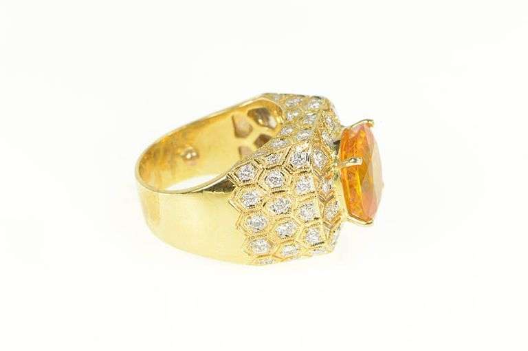 18K Yellow Gold 6.00Ctw Orange Sapphire Diamond Honeycomb Ring