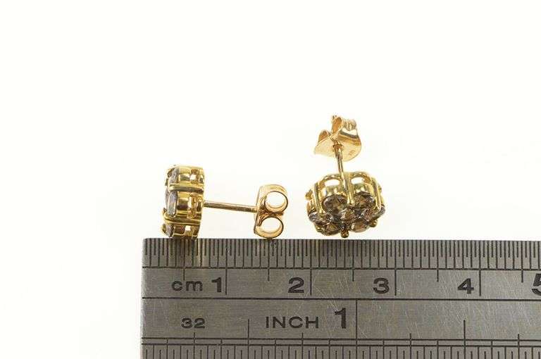 10K Yellow Gold Smoky Quartz Round Flower Cluster Stud Earrings