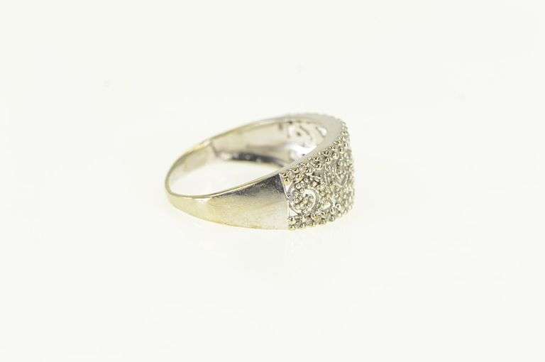 10K White Gold Diamond Encrusted Ornate Swirl Band Ring