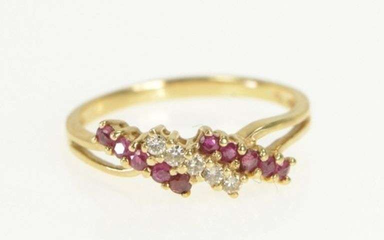 14K Yellow Gold Natural Ruby Diamond Bypass Vintage Band Ring