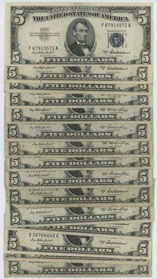 15 Collectible 1953 Series $5 Blue Seal Silver Certificate notes