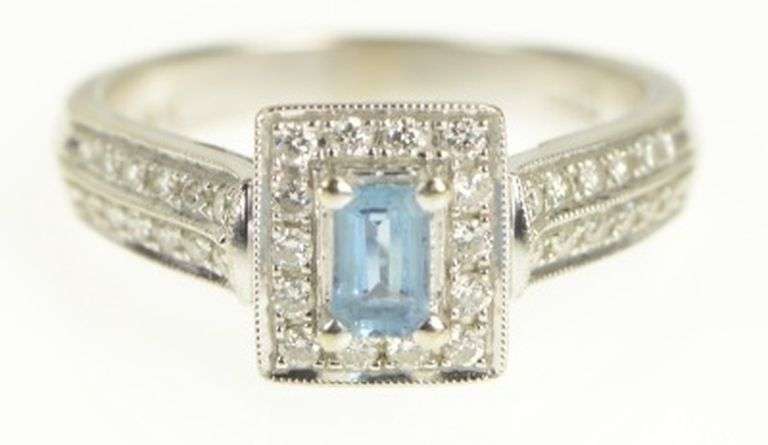 14K White Gold Emerald Cut Blue Topaz Diamond Halo Ring