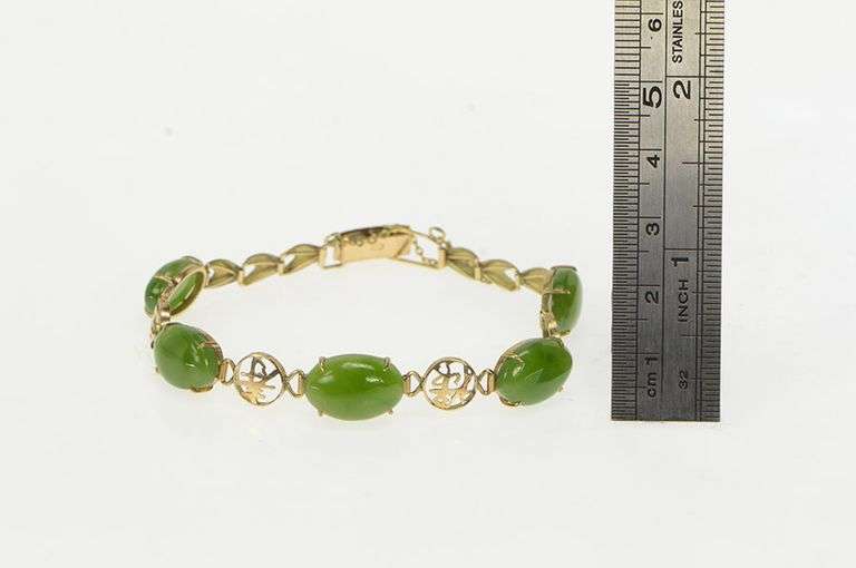 10K Yellow Gold 1960's Chinese Happiness Nephrite Cabochon Bracelet