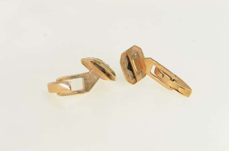 14K Yellow Gold Art Deco Black Onyx Diamond Vintage Cuff Links