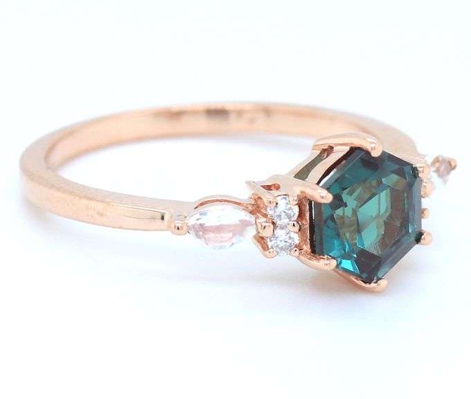10kt Lab grown Alexandrite, Moonstone and diamond accent ring