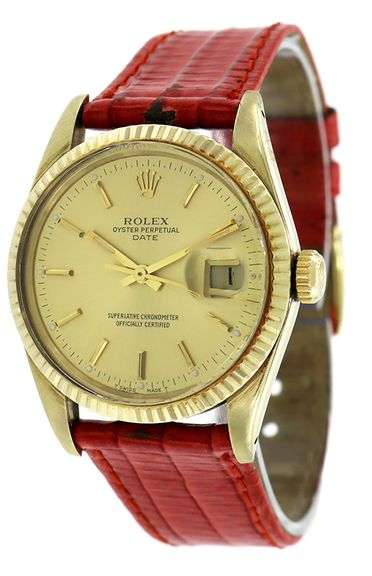 Rolex Date 15037 34MM Champagne Dial Aftermarket Leather Band Watch