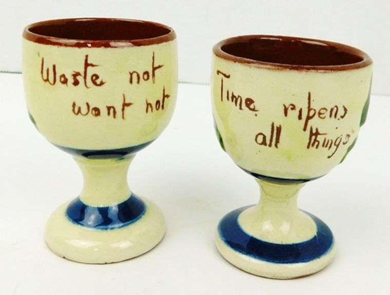 Pair English Motto Ware Egg Cups