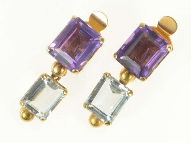 14K Yellow Gold Emerald Cut Amethyst Blue Topaz Dangle Clip Earrings
