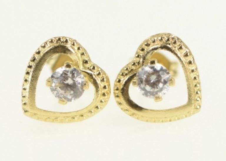 14K Yellow Gold Vintage Heart CZ Love Symbol Stud Earrings