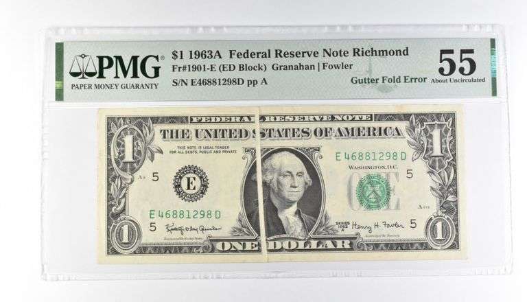 PMG 55 AU $1 1963A FRN Richmond Fr#1901-E Gutter Fold Error