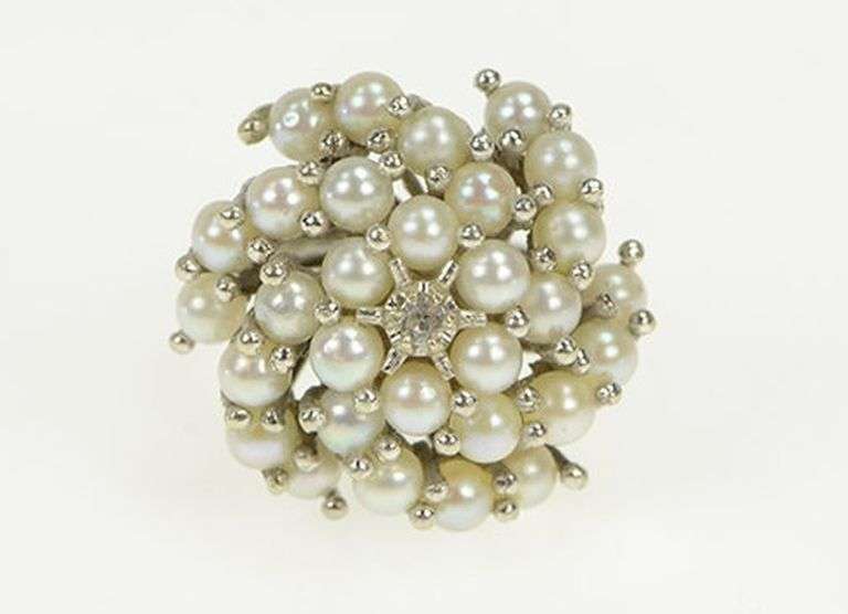 14K White Gold 1950's Pearl Diamond Cocktail Swirl Vintage Ring