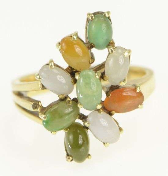 14K Yellow Gold Multi Color Jadeite Cabochon Cluster Ring