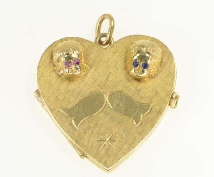 14K Yellow Gold Ruby Sapphire Children Heart Photo Locket Pendant