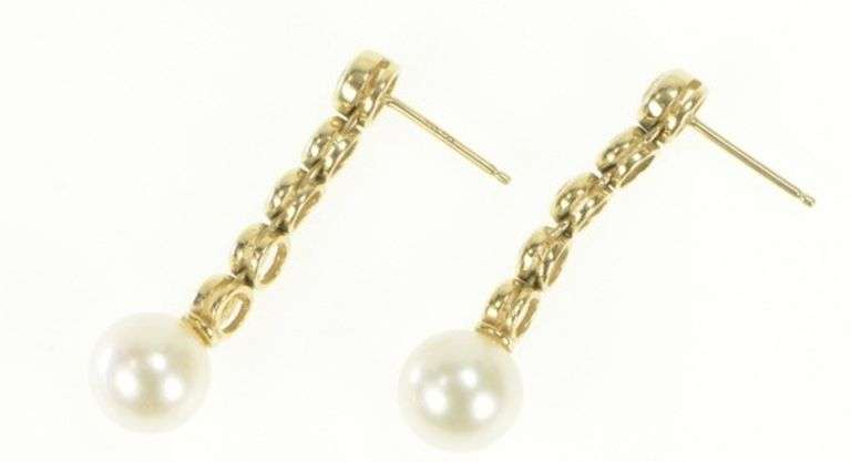 14K Yellow Gold 1.25 Ctw Pearl Diamond Dangle Statement Earrings