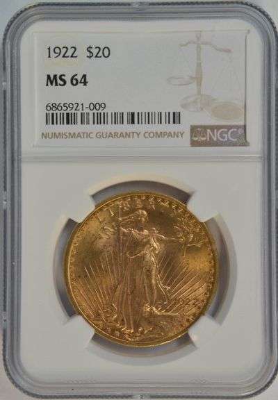 Nearly Gem BU 1922 $20 Liberty Gold Piece. NGC MS64