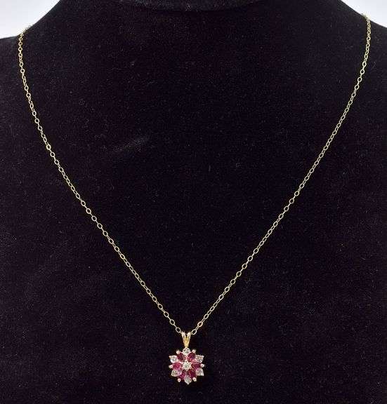 Adorable 14K Yellow Gold Flower Pendant Necklace with Ruby and Diamond Gemstones