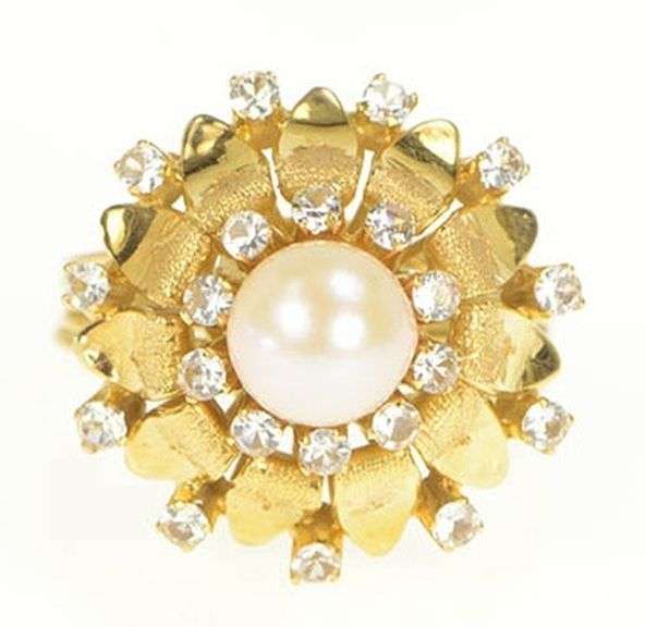 14K Yellow Gold 1950's Retro Pearl CZ Cocktail Halo Cluster Ring