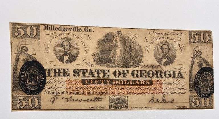 $50 State of Georgia Milledgeville Jan 15 1862 Note