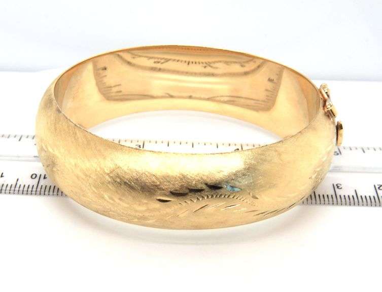 14kt Yellow gold Brushed finish wide floral bangle bracelet