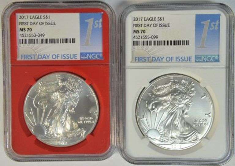 2 NGC MS70 graded 2017 $1 Silver Eagles. 1st Day of Issue