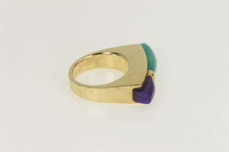 14K Yellow Gold Turquoise Sugilite Squared Unique Modernist Ring