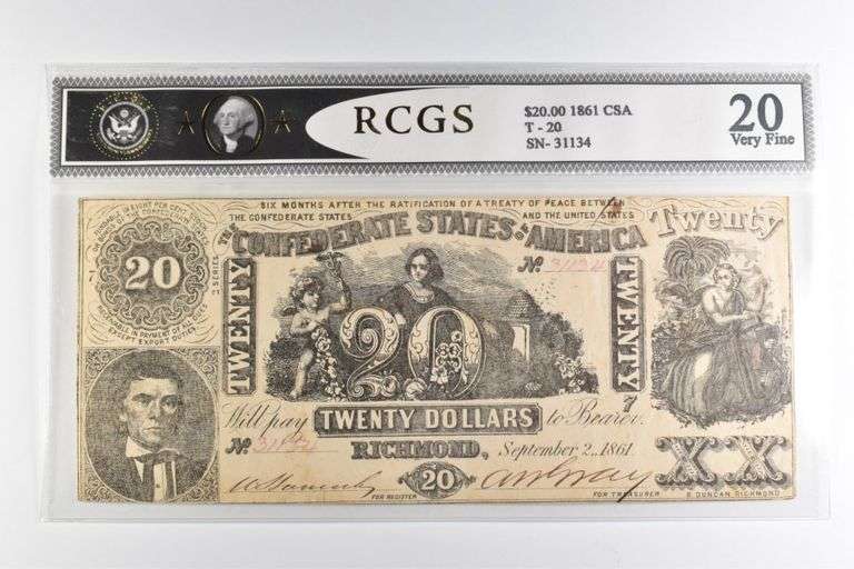 RCGS VF 20 $20 1861 Confederate States Of America Note