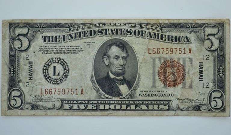 Series 1934 A WW2 Hawaii Emergency Issue $5 Federal Reserve Note, Circulated.