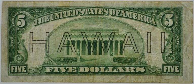 Series 1934 A WW2 Hawaii Emergency Issue $5 Federal Reserve Note, Circulated.