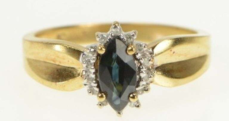 10K Yellow Gold Marquise Sapphire Diamond Halo Vintage Ring