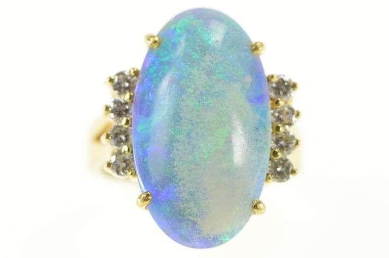 14K Yellow Gold Large Natural Opal Diamond Accent Cocktail Ring