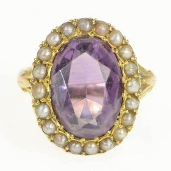 14K Yellow Gold Victorian Oval Amethyst Seed Pearl Cocktail Ring