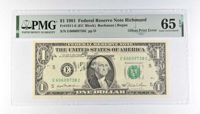 PMG 65 Gem Unc EPQ $1 1981 FRN Richmond Fr#1911-E Offset Print Error