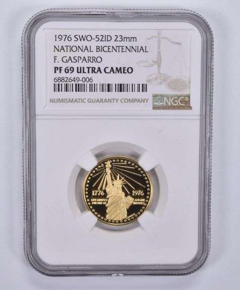 1976 SWO-52ID 23mm Nat'l Bicentennial F Gasparro Gold PF69 UCAM NGC