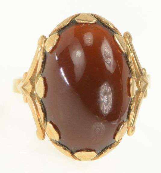 14K Yellow Gold 1950's Carnelian Cabochon Vintage Floral Ring