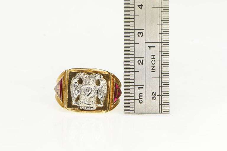 10K Yellow Gold Masonic Eagle Diamond Compass Square Ring