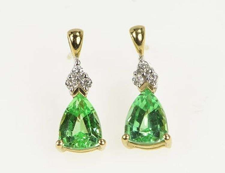 10K Yellow Gold Pear Green Sapphire Diamond Accent Stud Earrings
