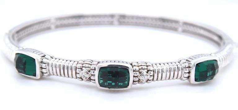 Judith Ripka Emerald green quartz bangle bracelet in 925 sterling silver