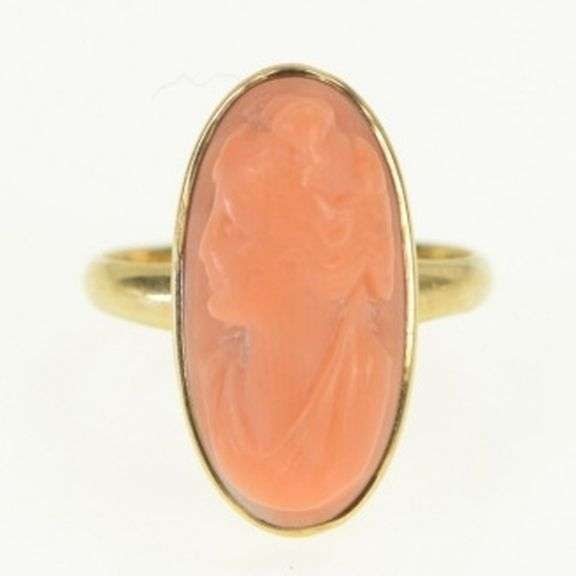 14K Yellow Gold Oval Carved Victorian Coral Cameo Vintage Ring