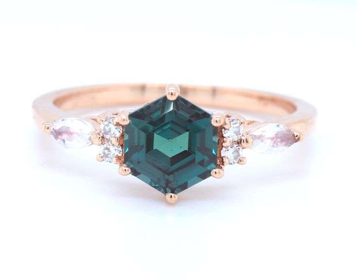 10kt Lab grown Alexandrite, Moonstone and diamond accent ring