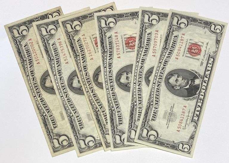 6 Clean 1963 $5 Red Seal US Notes