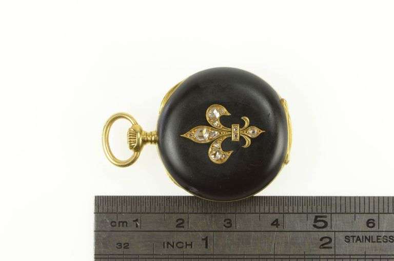 Black Enamel Fleur De Lis Rose Cut Diamond Pocket Watch
