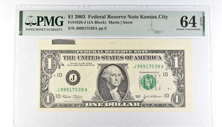PMG64 Choice Unc EPQ $1 2003 FRN Kansas City Fr#1928-J Misalign Error