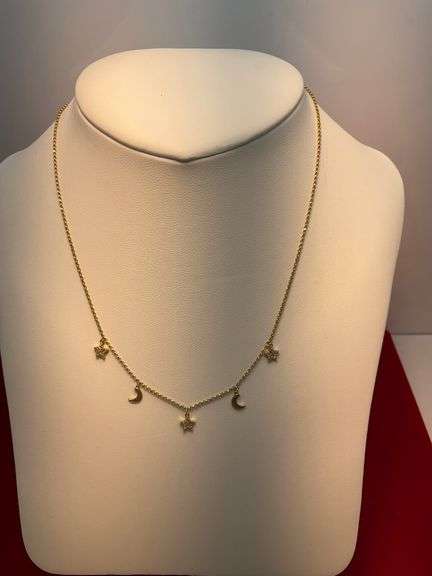 BRAND NEW 14K YELLOW GOLD DIAMOND MOON AND STAR CHARM NECKLACE