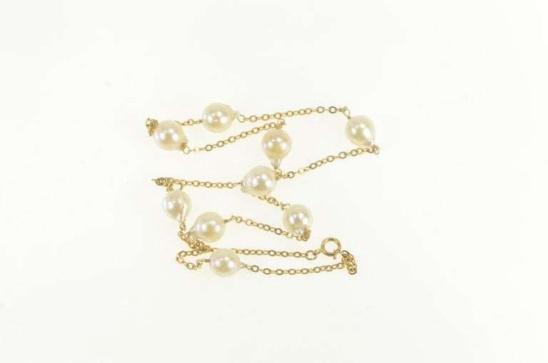 14K Yellow Gold 7.3mm Pearl Vintage Classic Chain Necklace