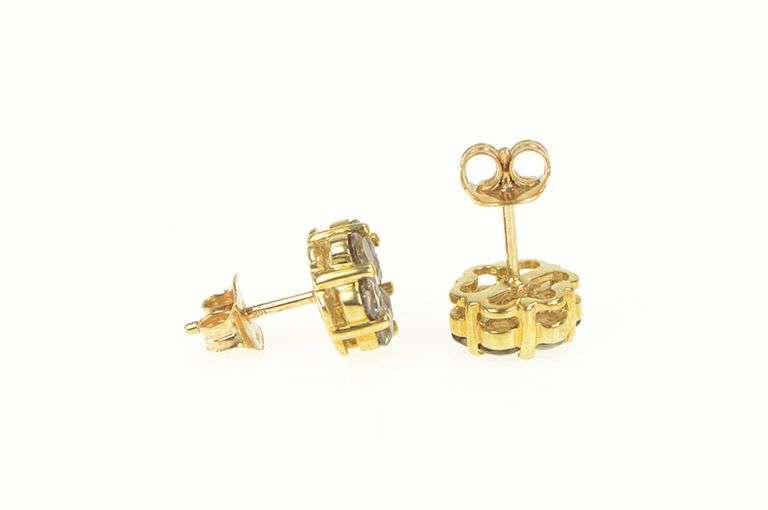 10K Yellow Gold Smoky Quartz Round Flower Cluster Stud Earrings