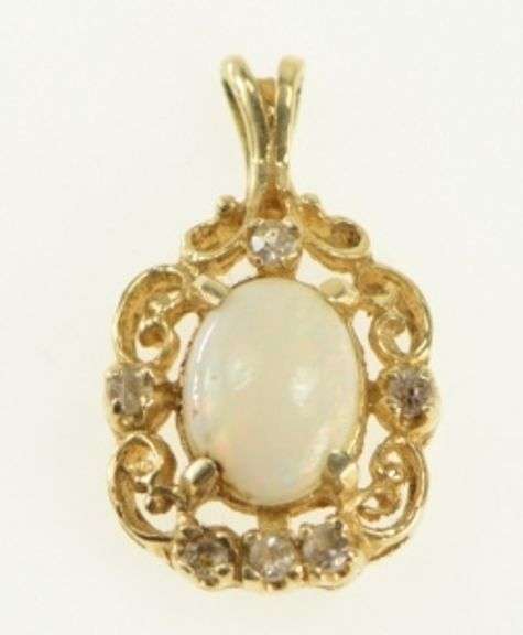 14K Yellow Gold Opal Diamond Ornate Oval Statement Charm/Pendant